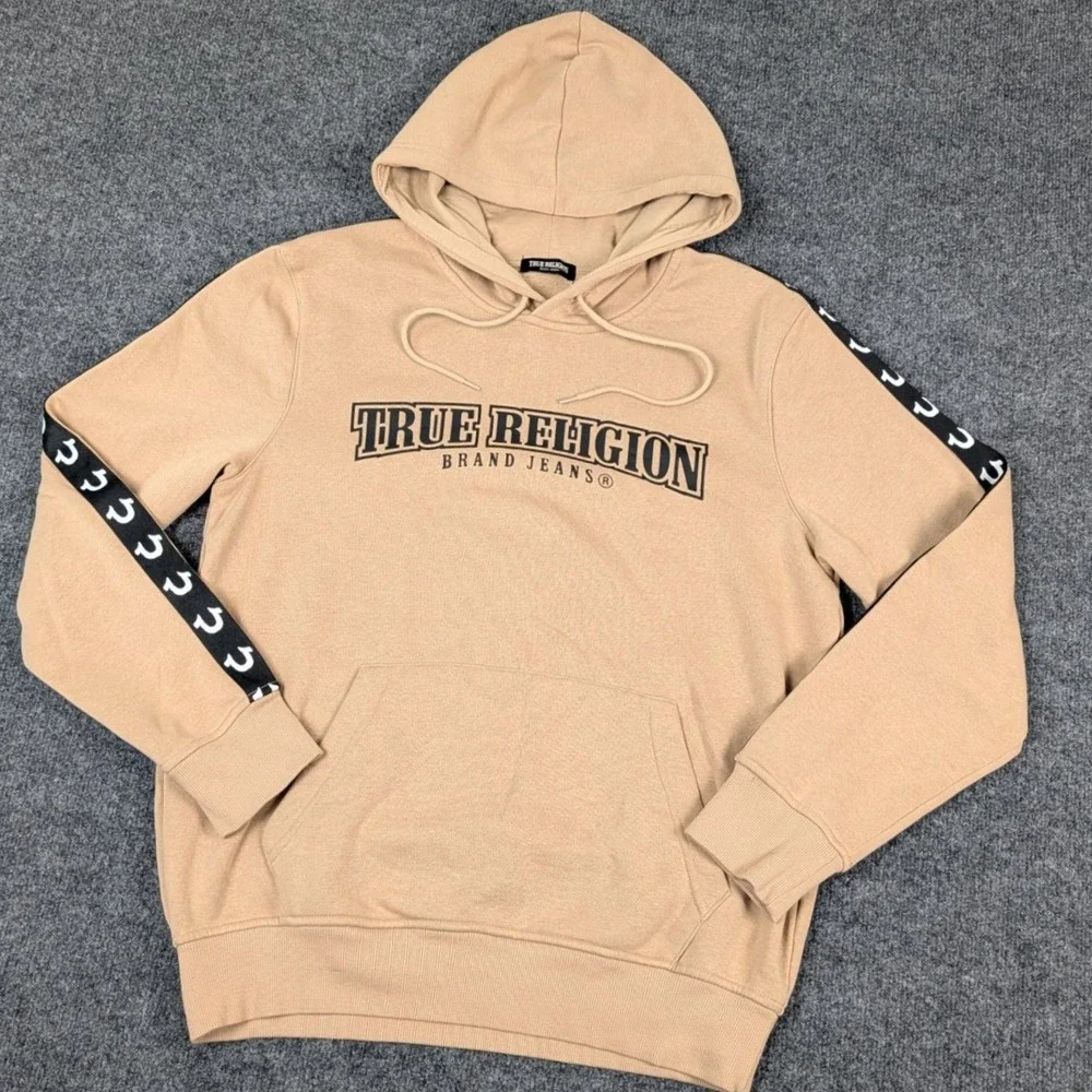 True Religion Arch TR Taping Pull Hoodie Tan Beige Horseshoe Logo Mens L